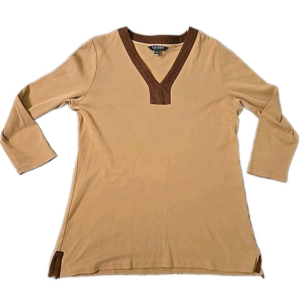 Lauren Ralph Lauren Tunic Top Women’s L Brown Embroidered Cotton Knit Stretch